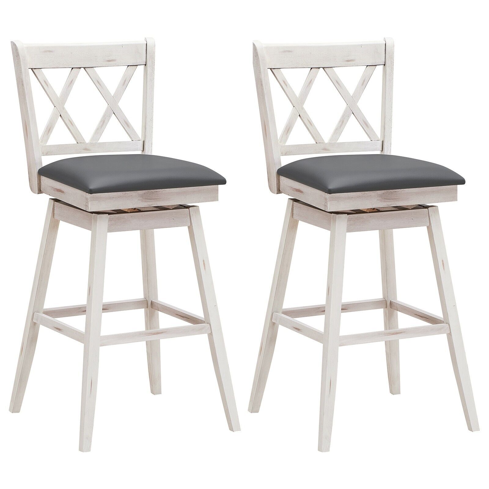 Set of 2 Counter Height Bar Stool with Foot Rest Upholstered Cushion-White