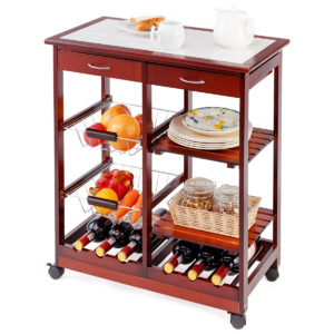 Wooden Rolling Kitchen Cart with Drawers Shelves Wire Baskets Wine Racks-Burgundy