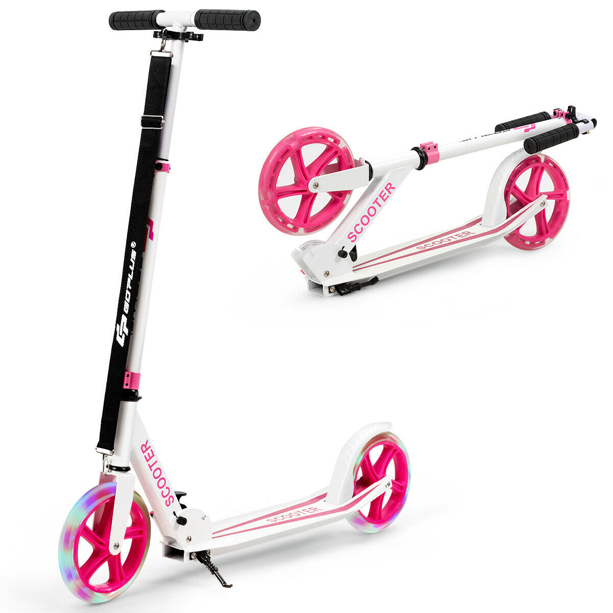 Foldable and Adjustable Kick Scooter with 2 Big Wheels and LED Lights-Pink