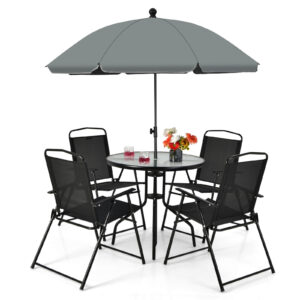 6 Pieces Patio Dining Set with Folding Chairs and Glass Table-Black