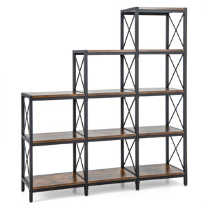 5-Tier Bookshelf 9 Cubes Bookcase with Carbon Steel Frame-Rustic Brown
