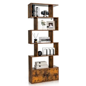 Industrial S-Shaped 5-tier Bookcase with Cabinet-Rustic Brown