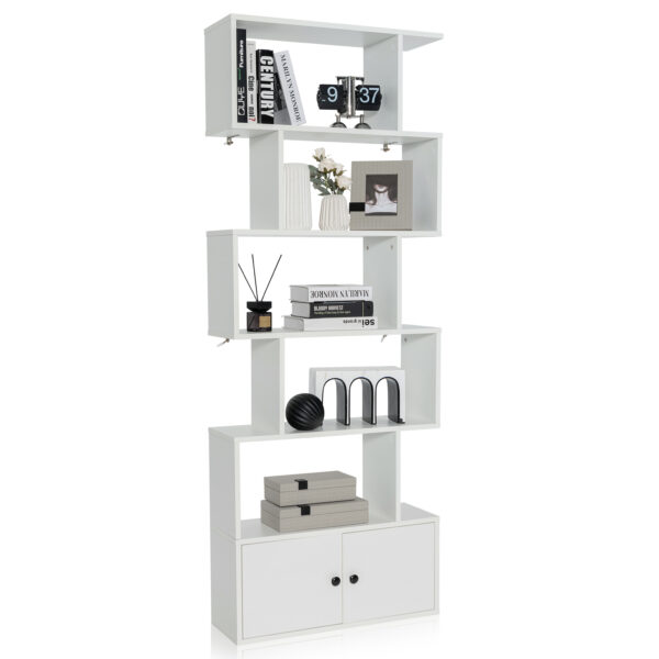 Industrial S-Shaped 5-tier Bookcase with Cabinet-White