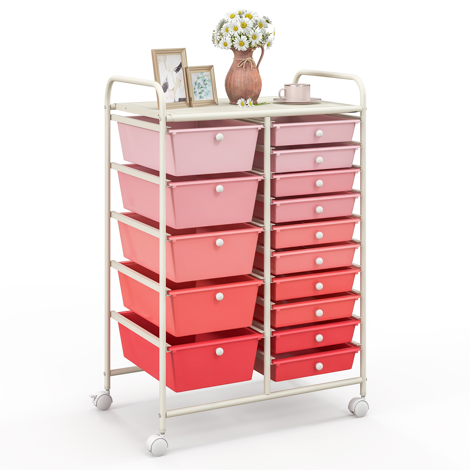 15 Drawer Rolling Storage Cart with 4 Wheels for Beauty Salon-Pink