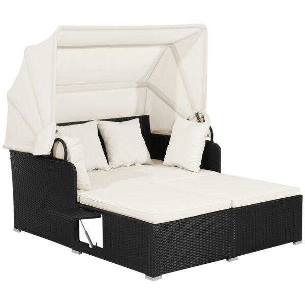 Patio Rattan Daybed with Retractable Canopy and Side Trays and Cushions-White