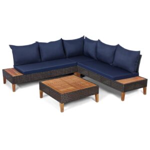 4 Pieces Patio Rattan Furniture Set with Removable Cushions and Pillows-Navy