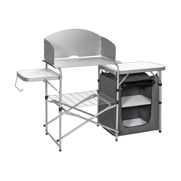 Outdoor Camping Table with Storage and Windscreen for BBQ-Grey