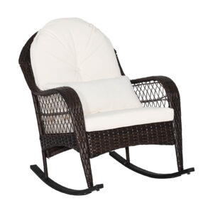 Patio Rattan Rocking Chair with Seat Back Cushions and Waist Pillow-White
