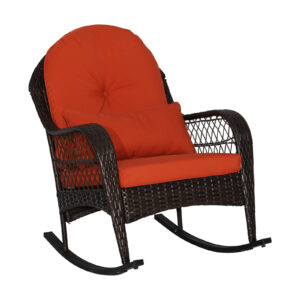 Patio Rattan Rocking Chair with Seat Back Cushions and Waist Pillow-Red