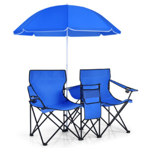 Portable Double Camping Chair with Umbrella and Ice Bag