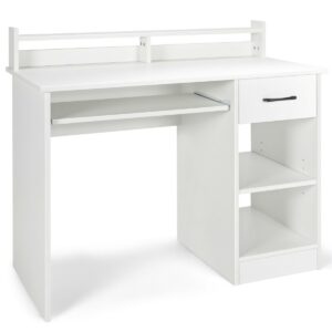 Wooden Computer Desk With Keyboard Tray for Work and Study-White