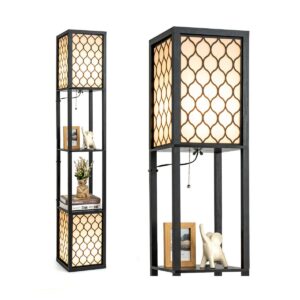 Double Floor Lamp with 2 Tier Storage Shelves and Foot Switch