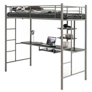 Metal Bunk Bed Frame High Sleeper with Desk and Storage Shelves-Silver
