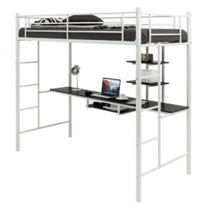 Metal Bunk Bed Frame High Sleeper with Desk and Storage Shelves-White
