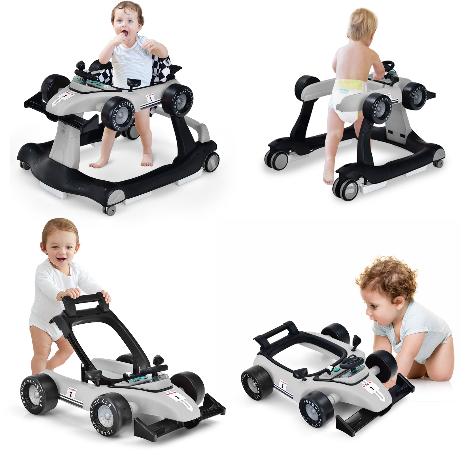 4-in-1 Baby Push Walker with Adjustable Height and Speed-Grey