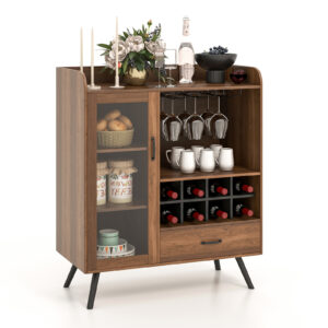 Wooden Wine Cabinet with Removable Wine Rack and Glass Holder-Brown