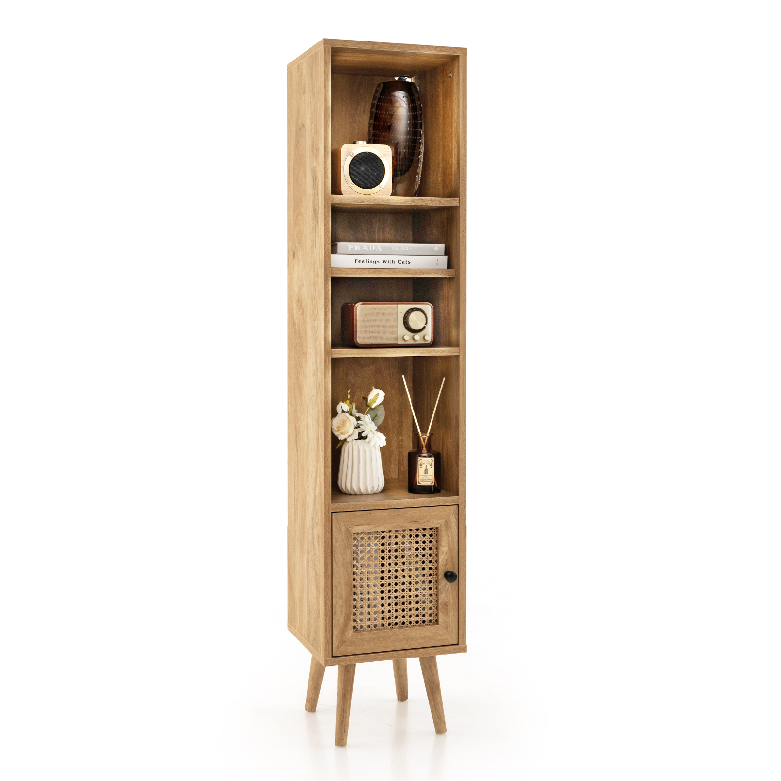 Freestanding Slim Cabinet with Rattan Door and Solid Wood Legs-Brown