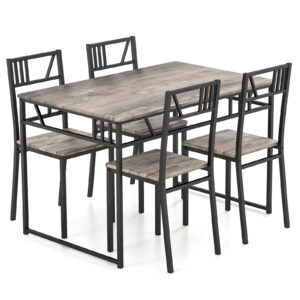 Industrial-Style Kitchen Table and 4 Chairs with Wood Like Tabletop and Metal Frame-Grey