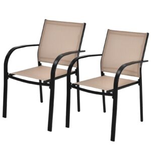 2 Pieces Outdoor Dining Chairs with Armrests and Breathable Fabric-Brown