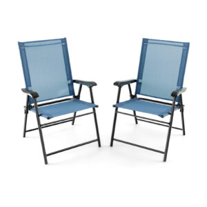 Set of 2 Folding Garden Chairs with Armrests for Yard Lawn Poolside-Blue