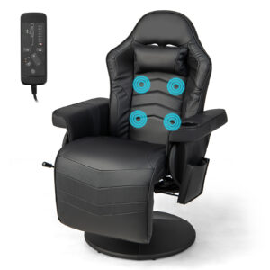 Electric Massage Gaming Chair with Cup Holder and Side Pouch-Black
