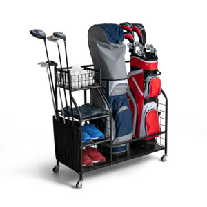 Double Golf Bag Storage Rack for Garage with Lockable Universal Wheels