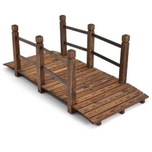 150 cm Wooden Garden Bridge with Double Safety Rails for Backyard Gravel Road-Brown