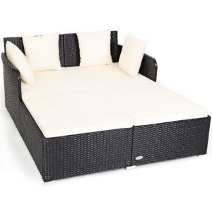 Rattan Garden 2 Seater Daybed Furniture Set  with Cushions-White