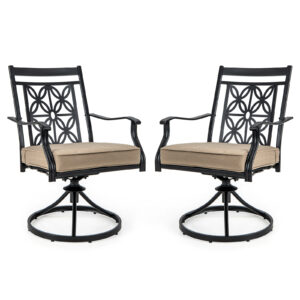 2 Pieces Outdoor Bistro Dining Chair Set Swivel Chairs with Blossom Pattern Backrest-Khaki