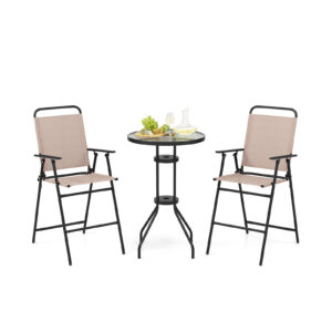 3 PCS Outdoor Bistro Set Patio Bar Table with 2 Folding Chairs-Beige