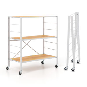3-Tier Foldable Shelving Unit with Detachable Wheels Height-Adjustable Shelves-Natural