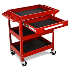 3 Tier Tool Trolley with Drawer and 4 Wheels-Red
