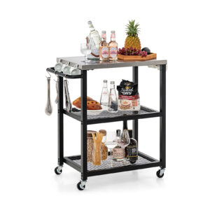 3-tier Outdoor Grill Cart on Wheels with Stainless Steel Top and Handle-Black
