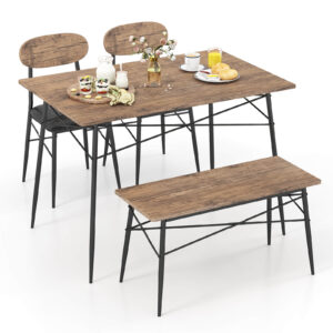 4 Piece Dining Table Set with Bench and Faux Leather Chairs-Rustic Brown