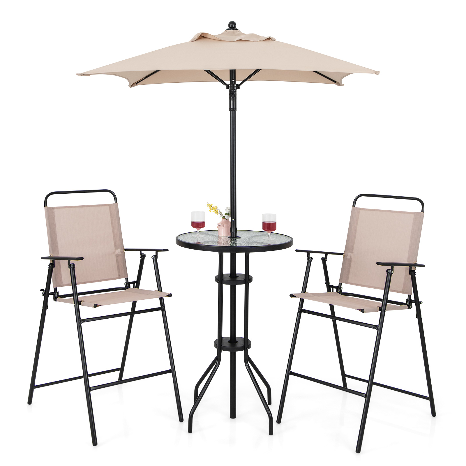 4 Pieces Outdoor Bar Set with 2 Folding Counter Height Chairs and Umbrella-Beige