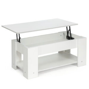 Height Adjustable Coffee Table with 2 Shelves and Liftable Top-White