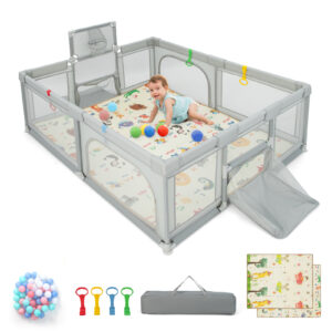Large Baby Playpen with Mat and Ocean balls-Light Grey