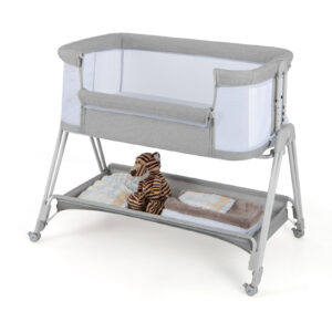 Baby Bedside Crib with Mattress for Birth to 9kg-Light Grey