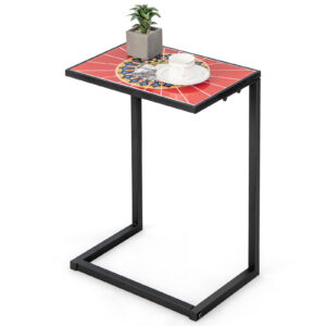 C-shaped Outdoor Side Table with Ceramic Top and Metal Frame