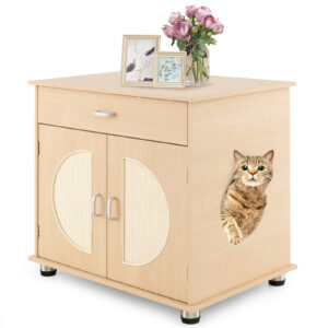 Cat Litter Box Enclosure with Sisal Scratching Doors and Drawer-Natural