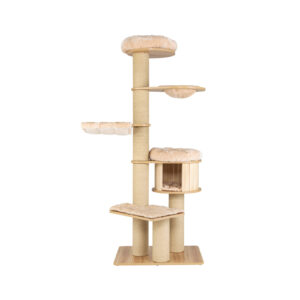 Modern Tall Cat Tree Tower with Wooden Cat Condo-Beige