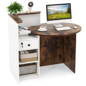Corner Front Reception Counter Desk with Lockable Drawer-Coffee