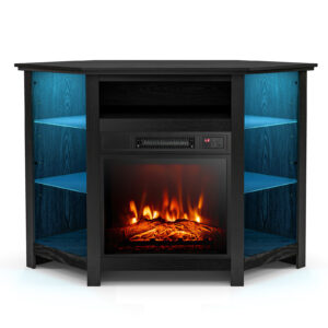 Corner TV Stand with Fireplace Insert and LED Lights-Black
