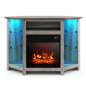 Corner TV Stand with Fireplace Insert and LED Lights-Grey