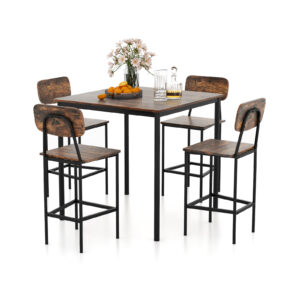 5-Piece Dining Bar Table Set for 4 Counter-Height Dining Table and 4 Bar Chairs-Coffee