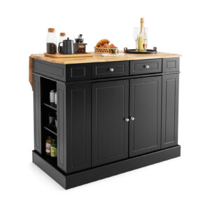 Drop-Leaf Kitchen Island with Extendable Worktop and Adjustable Shelves-Black