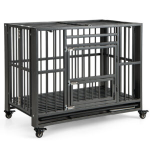 Foldable Metal Dog Cage Chew-proof Dog Crate with Lockable Universal Wheels