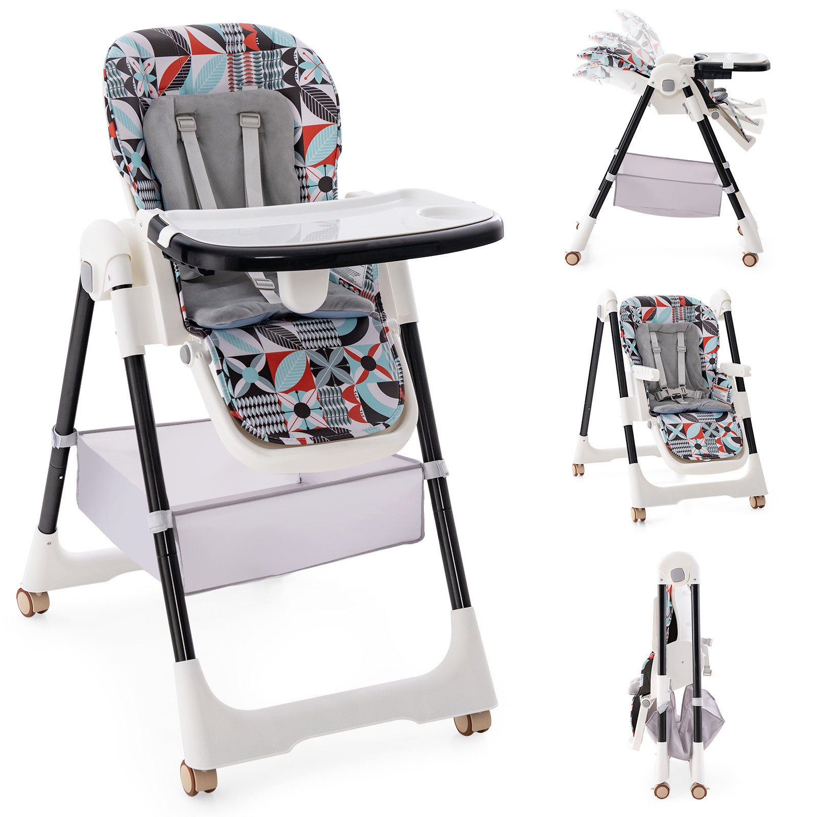 Folding Convertible Baby High Chair with Reclining Backrest-Light Grey