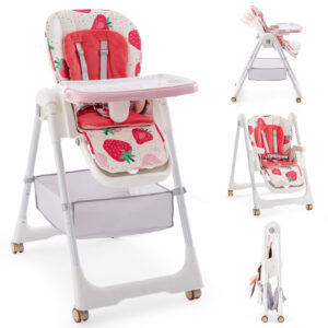 Folding Convertible Baby High Chair with Reclining Backrest-Pink