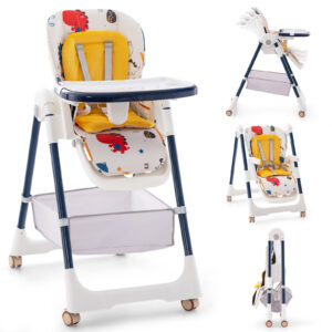 Folding Convertible Baby High Chair with Reclining Backrest-Yellow
